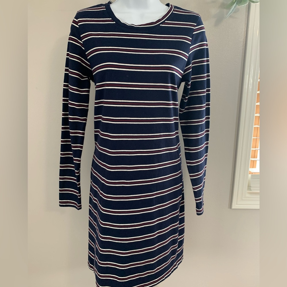 dip Navy, Maroon and White Striped Long Sleeve Dress